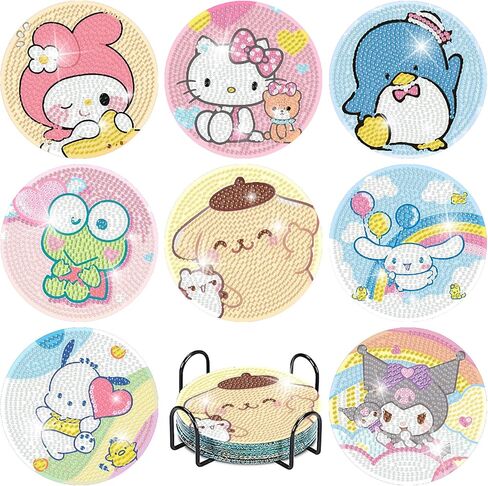 8Pcs Diamond Art Painting Coasters with Holder,DIY Cartoon Life Coaster Diamond Art Kits for Adults Kids,Beginners Round Full Drill Diamonds Art Craft Supplies in Kuwait