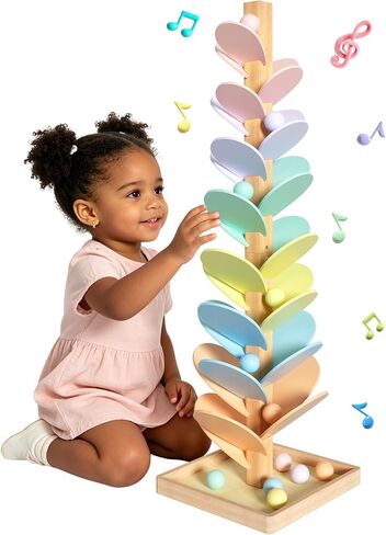 Gotoofun Wooden Marble Run Music Tree, Montessori Rainbow Singing Tree with 12 Extra-Large 3cm Balls, Color Sorting STEM Learning Toy, Wooden Ball Run Game Gift for Kids Ages 3+ in Kuwait