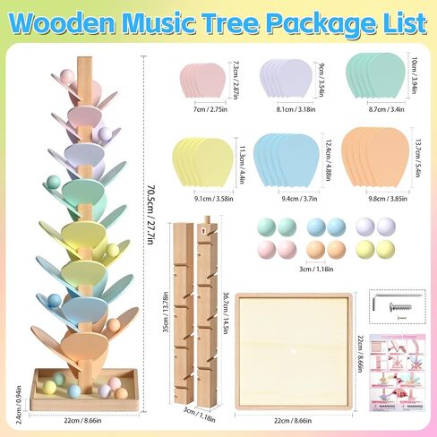 Gotoofun Wooden Marble Run Music Tree, Montessori Rainbow Singing Tree with 12 Extra-Large 3cm Balls, Color Sorting STEM Learning Toy, Wooden Ball Run Game Gift for Kids Ages 3+ in Kuwait