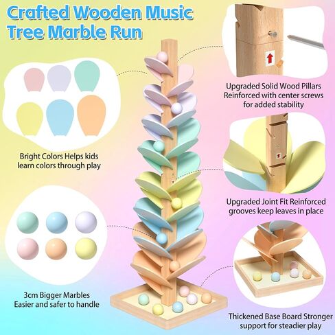 Gotoofun Wooden Marble Run Music Tree, Montessori Rainbow Singing Tree with 12 Extra-Large 3cm Balls, Color Sorting STEM Learning Toy, Wooden Ball Run Game Gift for Kids Ages 3+ in Kuwait