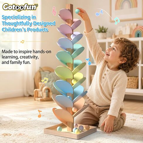 Gotoofun Wooden Marble Run Music Tree, Montessori Rainbow Singing Tree with 12 Extra-Large 3cm Balls, Color Sorting STEM Learning Toy, Wooden Ball Run Game Gift for Kids Ages 3+ in Kuwait