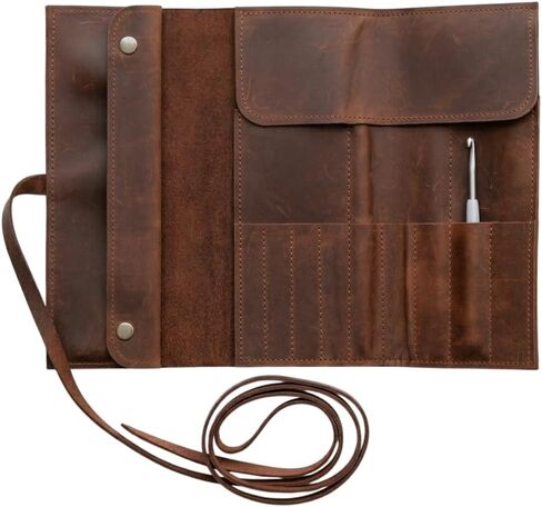 TORAKIP Leather Crochet Hook Case (13.8" x 9.8") – Handmade Crochet Hook Organizer Roll with Multiple Slots, Travel Crochet Storage Case, Knitting Needle Holder (Hooks Not Included), Brown in Kuwait