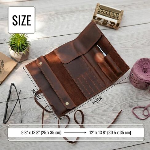 TORAKIP Leather Crochet Hook Case (13.8" x 9.8") – Handmade Crochet Hook Organizer Roll with Multiple Slots, Travel Crochet Storage Case, Knitting Needle Holder (Hooks Not Included), Brown in Kuwait