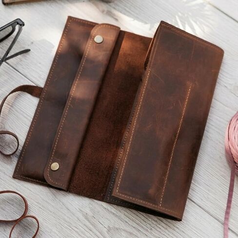 TORAKIP Leather Crochet Hook Case (13.8" x 9.8") – Handmade Crochet Hook Organizer Roll with Multiple Slots, Travel Crochet Storage Case, Knitting Needle Holder (Hooks Not Included), Brown in Kuwait