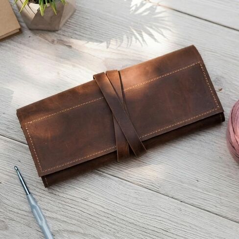 TORAKIP Leather Crochet Hook Case (13.8" x 9.8") – Handmade Crochet Hook Organizer Roll with Multiple Slots, Travel Crochet Storage Case, Knitting Needle Holder (Hooks Not Included), Brown in Kuwait