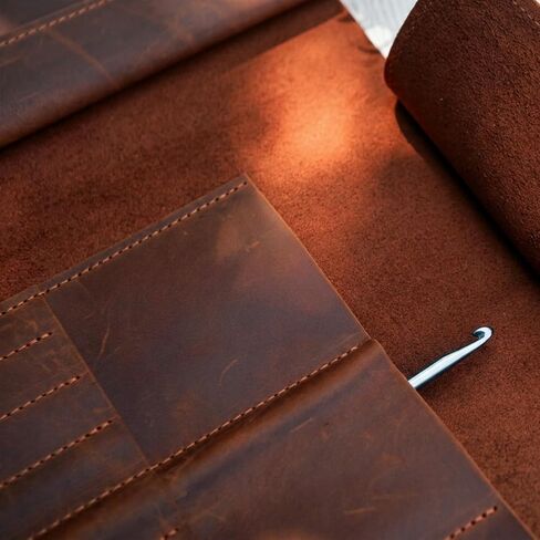 TORAKIP Leather Crochet Hook Case (13.8" x 9.8") – Handmade Crochet Hook Organizer Roll with Multiple Slots, Travel Crochet Storage Case, Knitting Needle Holder (Hooks Not Included), Brown in Kuwait