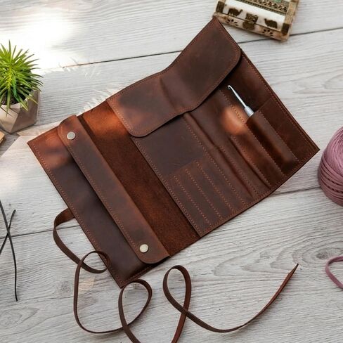 TORAKIP Leather Crochet Hook Case (13.8" x 9.8") – Handmade Crochet Hook Organizer Roll with Multiple Slots, Travel Crochet Storage Case, Knitting Needle Holder (Hooks Not Included), Brown in Kuwait