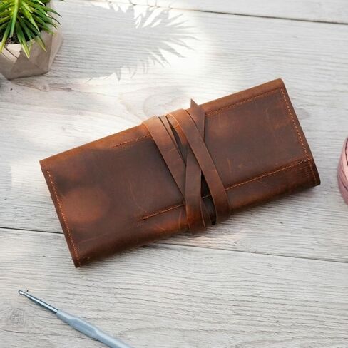 TORAKIP Leather Crochet Hook Case (13.8" x 9.8") – Handmade Crochet Hook Organizer Roll with Multiple Slots, Travel Crochet Storage Case, Knitting Needle Holder (Hooks Not Included), Brown in Kuwait