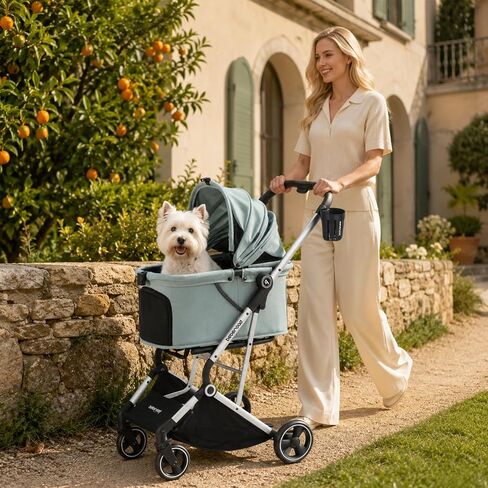 Pet Stroller Dog Cat Stroller for Small Medium Dogs Cats, 4 Wheels Travel Folding Carrier Waterproof Puppy Stroller with Pad, Canopy and Cup Holder, Green in Kuwait