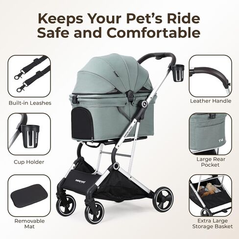 Pet Stroller Dog Cat Stroller for Small Medium Dogs Cats, 4 Wheels Travel Folding Carrier Waterproof Puppy Stroller with Pad, Canopy and Cup Holder, Green in Kuwait