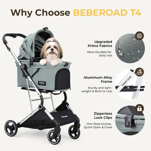 Pet Stroller Dog Cat Stroller for Small Medium Dogs Cats, 4 Wheels Travel Folding Carrier Waterproof Puppy Stroller with Pad, Canopy and Cup Holder, Green in Kuwait