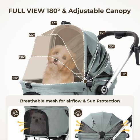 Pet Stroller Dog Cat Stroller for Small Medium Dogs Cats, 4 Wheels Travel Folding Carrier Waterproof Puppy Stroller with Pad, Canopy and Cup Holder, Green in Kuwait