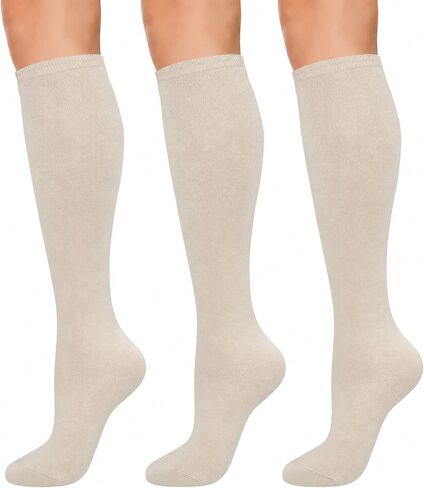 KONY Women's Cotton Knee High Socks - Casual Solid & Striped Colors Fashion Socks 3 Pairs (Women’s Shoe Size 5-9) in Kuwait