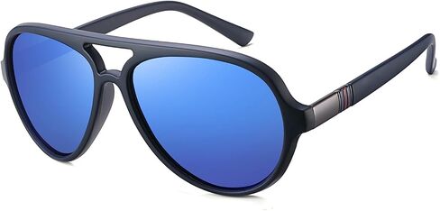 Aviator Sunglasses For Men Polarized Lens Plastic Lightweight Double Bridge Frame UV Protection For Driving Blue Frame/Blue Revo Lens in Kuwait