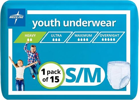 Medline Youth Disposable Protective Underwear, S/M Size for 40-70 lbs, Leakproof & Absorbent, Comfortable with Odor Control, Easy to Wear, 60 Count (4 Packs of 15) in Kuwait