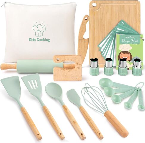 Kids Cooking Sets Real, Wooden Kids Cooking and Baking Gift Set with Kid Safe Knives Cutting Board Friut Cutter Cookbook, Toddler Montessori Kitchen Toys Birthday Gifts for Girls Boys in Saudi Arabia