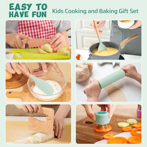 Kids Cooking Sets Real, Wooden Kids Cooking and Baking Gift Set with Kid Safe Knives Cutting Board Friut Cutter Cookbook, Toddler Montessori Kitchen Toys Birthday Gifts for Girls Boys in Saudi Arabia