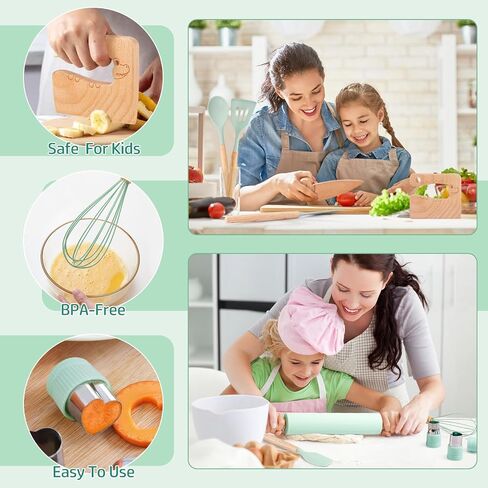 Kids Cooking Sets Real, Wooden Kids Cooking and Baking Gift Set with Kid Safe Knives Cutting Board Friut Cutter Cookbook, Toddler Montessori Kitchen Toys Birthday Gifts for Girls Boys in Saudi Arabia