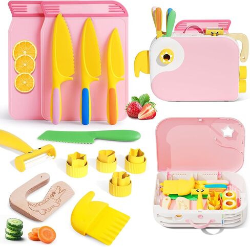 Kids Kitchen Knife Set for Real Cooking with Storage Box Pink in Kuwait