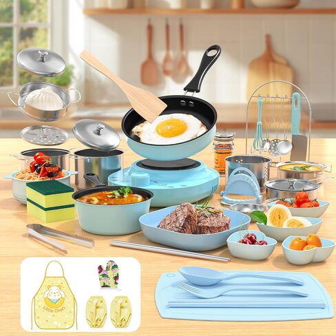 Gotoofun Kids Cooking Sets Real, Kid Safe Montessori Mini Tools Includes Stove Burner, Knife ect for Aged 8-12 Boys Girls Food Making, Easy for Beginners, Education Toys-Blue in Kuwait