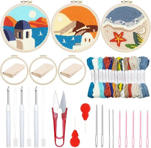 Woohome Punch Needle Kit Included Plastic Hoops, Punch Needle Cloth, Color Yarn and Punch Needle Tools for Adults, Beginners (21PCS Starter Kits) in Kuwait