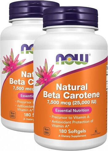 NOW Supplements، بيتا كاروتين طبيعي 25000 وحدة دولية، التغذية الأساسية، 180 كبسولة هلامية in Kuwait