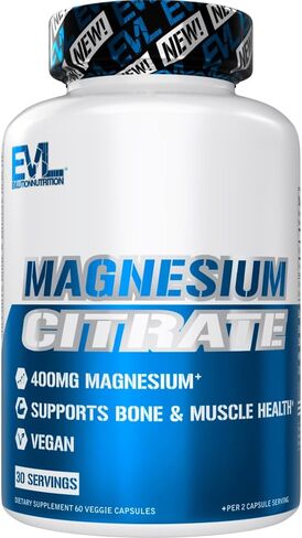 EVL Magnesium Citrate Capsules 400mg - Muscle and Bone Health Magnesium Supplement with Pure Magnesium Citrate for Muscle Relaxation and Bone Strength - 60 Veggie Magnesium Capsules for Health in Kuwait