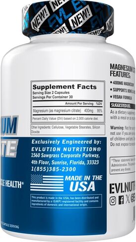 EVL Magnesium Citrate Capsules 400mg - Muscle and Bone Health Magnesium Supplement with Pure Magnesium Citrate for Muscle Relaxation and Bone Strength - 60 Veggie Magnesium Capsules for Health in Kuwait
