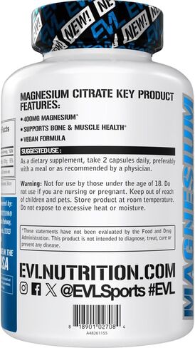 EVL Magnesium Citrate Capsules 400mg - Muscle and Bone Health Magnesium Supplement with Pure Magnesium Citrate for Muscle Relaxation and Bone Strength - 60 Veggie Magnesium Capsules for Health in Kuwait