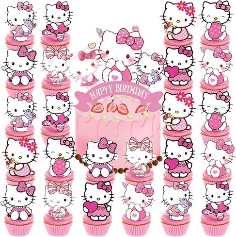 25pcs Cupcake Toppers with 1 Happy Birthday Cake Topper, Cute Anime Hello Pink Cat Themed Party Supplies, Perfect for Birthday Party Decorations (Style A) in Saudi Arabia
