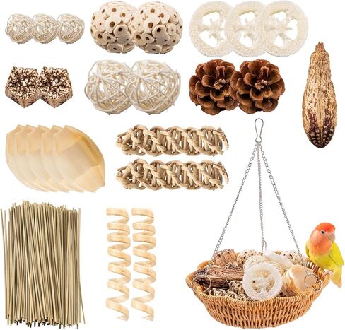 26 PCS Bird Foraging Toys Set with Hanging Rattan Basket Swing in Kuwait