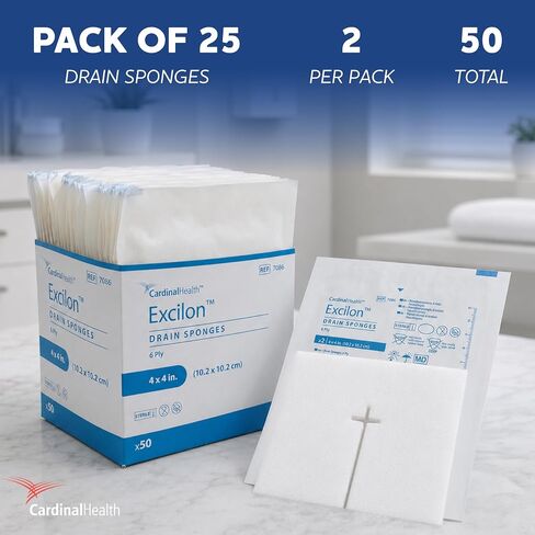 Covidien 7086 Excilon Drain Sponge, Sterile 2's in Peel-Back Package, 4" x 4", 6-ply (Pack of 50) - 1 box in Kuwait