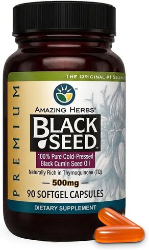 Amazing Herbs Premium Black Seed Oil Capsules - Cold Pressed Nigella Sativa Aids in Digestive Health, Immune Support, Brain Function, Gluten Free, Non GMO - 90 Count, 500mg in Saudi Arabia