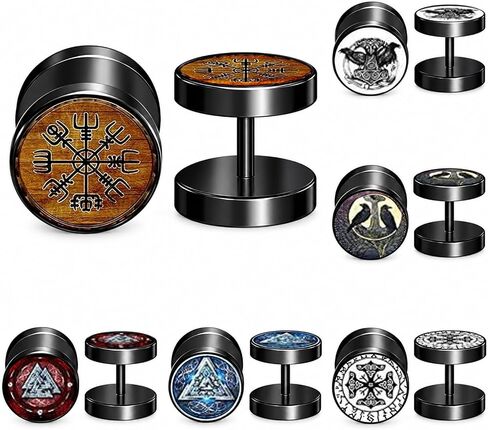 FLYUN Viking Earrings for Men, Fake Gauges, Mens Earrings, Viking Runes Earring Meaning Happiness Joy Wealth Love Power Strength Screw Flat Back Black Stud Faux Ear Plug in Kuwait