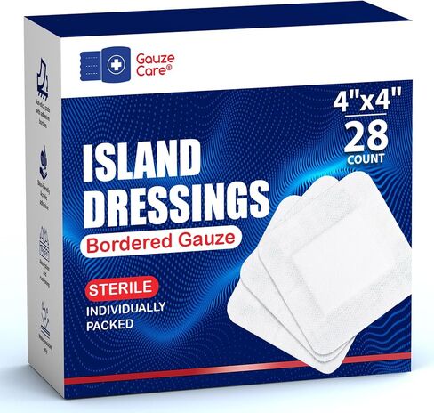 GauzeCare Island Dressing 4x4 inch 28 Pcs| Individually Packed Sterile Pouches| 2x2 Non-Stick Pad in Center with Acrylic Adhesive Borders| Water-Resistant Adhesive Pads for Wound Care and Dressing in Kuwait