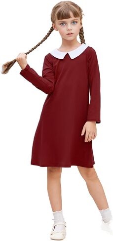 Arshiner Girls Long Sleeve Vintage Peter Pan Collar T-Shirt Dress Age 4-13 Years in Kuwait