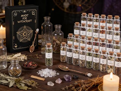 Witchcraft Supplies Herbs - 30 Bottles Dried Herbs Kit for Beginners - Altar Supplies Healing Herbal Natural Herbs Crystal Spoon for Wicca, Pagan Magic Spells and Bath in Kuwait