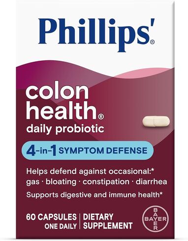 Phillips' Colon Health Daily Probiotic Capsules, 4-in-1 Symptom Defense to help defend against Occasional Gas, Bloating, Constipation, and Diarrhea, Daily Supplement, 60 Count in Kuwait