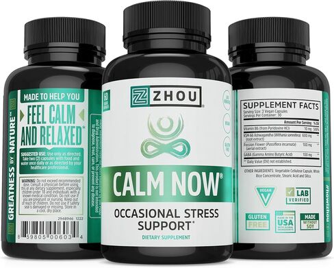 Zhou Calm Now Soothing Support with B Vitamins, Ashwagandha, Magnesium & Zinc, Relax, Focus & Positive Mind, Supports Serotonin Increase, Non-GMO, Vegan, Gluten-Free, 30 Servings - 60 VegCaps in Kuwait