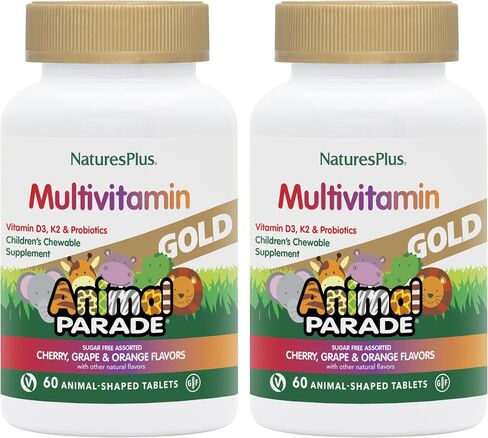 NaturesPlus Animal Parade Gold Children's Multivitamin - 120 Animal-Shaped Chewable Tablets - Assorted Cherry, Orange & Grape Flavors - Vegan, Gluten Free - 60 Total Servings in Kuwait