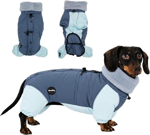 Dachshund Winter Coat, Waterproof Dog Cold Weather Jacket with Fur Fleece Collar, Warm Padded Puffer Snowsuit for Long Bodied Dogs, Miniature Dachshund Apparel(Navy Blue, S (7-11 lbs)) in Saudi Arabia