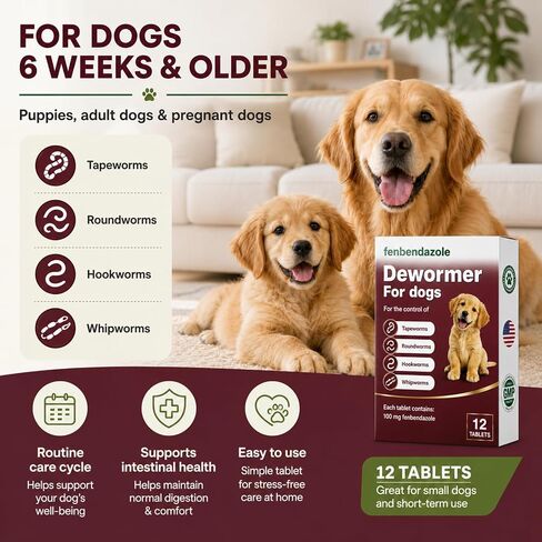Dewormer for Dogs, Fenbendazole for All Wormers, Hookworms, Tapeworms, Whipworms and Roundworms, 12 Count in Kuwait
