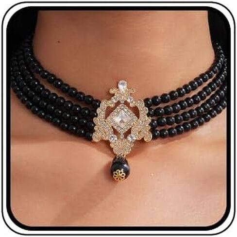 fxmimior Boho Women Bridal Vintage 1920s Layered Tassels Pearl Shiny Rhinestones Choker Necklace Simple Necklaces for Women and Girls in Saudi Arabia