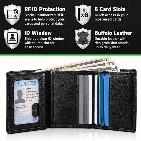 محفظة Identity Stronghold رفيعة بتقنية RFID ثلاثية الطي للرجال - جلد الجاموس الأصلي - ويسكي in Kuwait