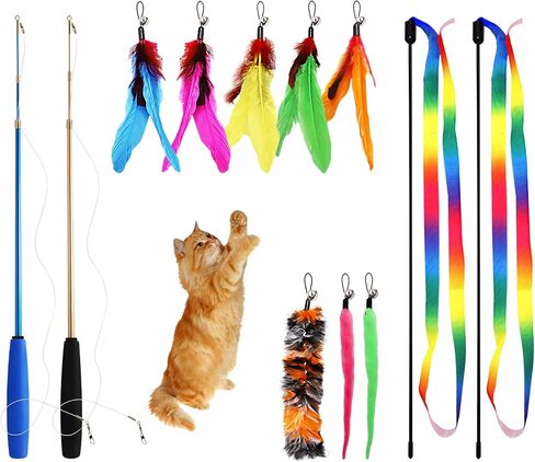 12PCS Interactive Kitten Toys, Retractable Indoor Cat Wand Toys with Replacement Teaser, Rainbow Ribbon and Make Exercise by Sunshinetop in Kuwait