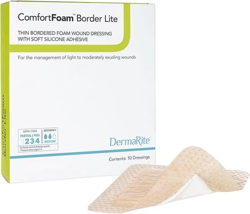 Dermarite Industries Comfort Foam with Border, Lite Thin Foam with Silicone, 2x2, 10 Count in Kuwait