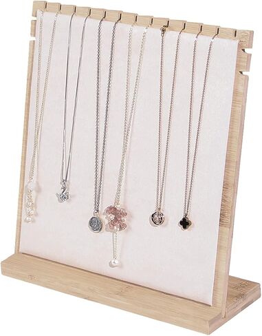 Bamboo Necklace Display Stand, Wood Jewellery Necklace Holder, Chain Jewelry Rack Organizer, Tabletop Display Boards for Home or Shop Sell Show (Beige Velvet) in Kuwait