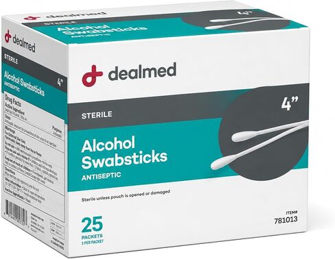 Dealmed 4" Alcohol Swabsticks Individually Sealed Packets, Alcohol Swabs Perfect for Portable First Aid Kits 3 Swabs/Pkg, 25 Pkgs/Box in Kuwait