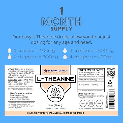 L-Theanine Liquid Drops - 200mg - 2oz - 99% Pure Bioactive L-Theanine - Non-GMO, Organic, Natural, Vegan - Helps to Promote Calmness, Relaxation, Improved Mood, Restful Sleep - for Adults and Kids in Kuwait