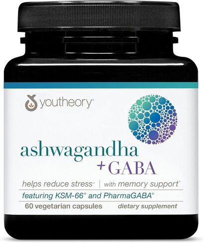 Youtheory Ashwagandha+GABA, Helps Reduce Stress with Memory Support, 60 Vegetarian Capsules in Saudi Arabia